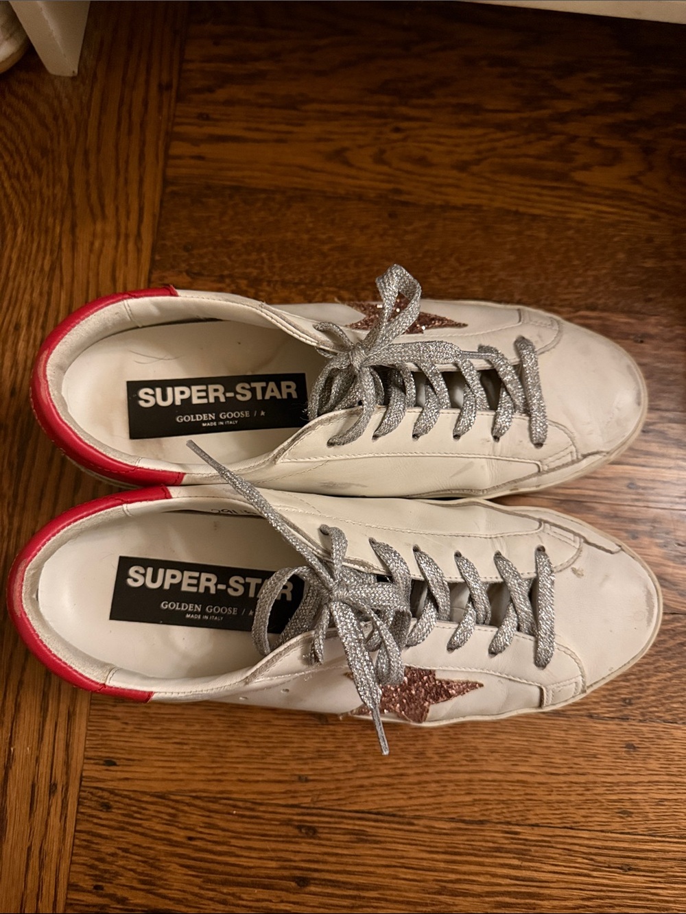 Golden Goose White Leather Super-Star Sneakers with Red Heel and Glitter Star